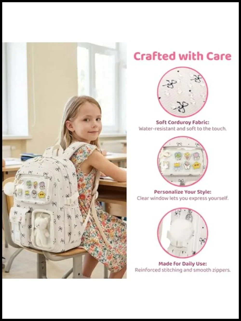 Girls Backpack with Lunch Box Kawaii Bow Corduroy Water Resistant Ita Bag